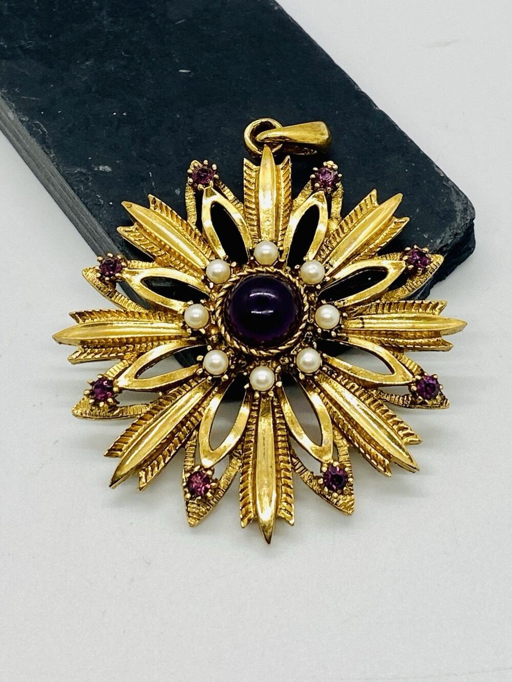 Vintage Purple Rhinestones Pendant Faux Pearl Signed HMS Gold Tone Large